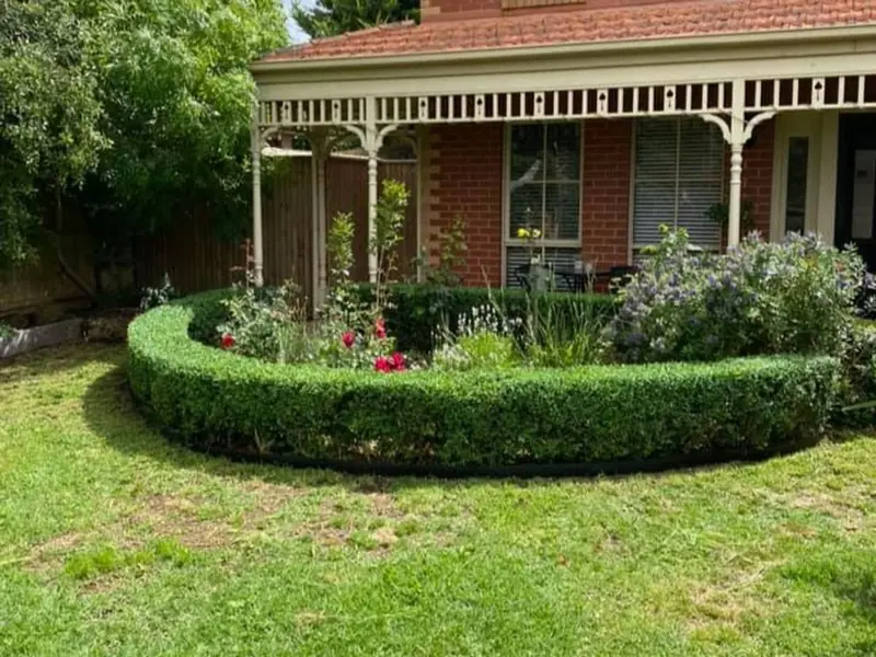 Neat garden beds and rounded hedges in front of a brick home